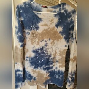 T Party Fashion Blue and Tan Tie-Dye Thermal Long Sleeve Top With Rhinestones